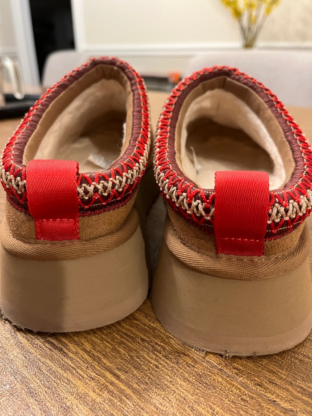 UGG Chestnut Suede Slip-On Clogs with Red Trim and Cream Lining. - Picture 7 of 8